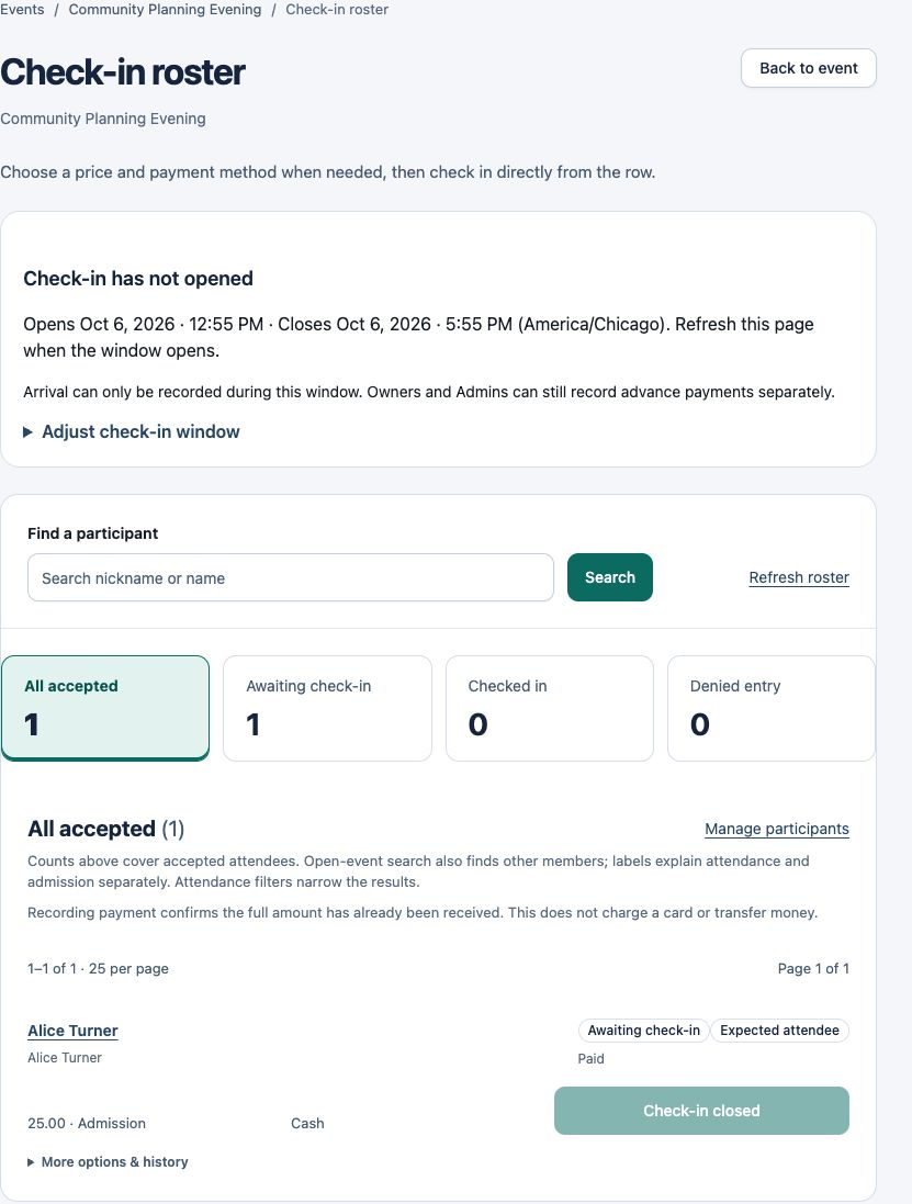 Future event roster showing the check-in opening time and timezone, one paid participant awaiting arrival and zero checked in.