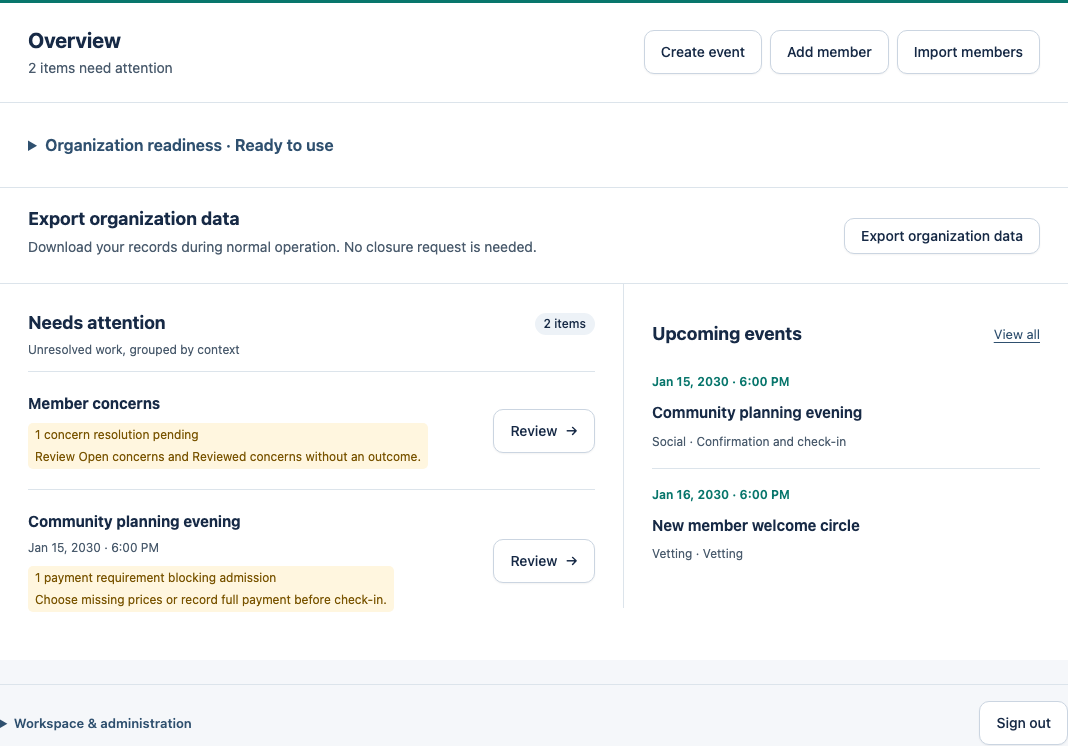 Organization Home with readiness, Owner export, needs attention and upcoming events.