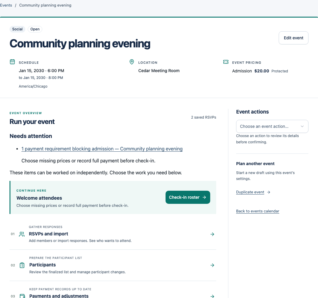 Open social event overview with schedule, price, next action, workflow links and event actions.
