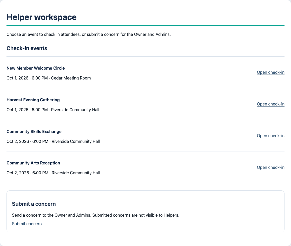Helper workspace with four named events, check-in links and concern submission only.