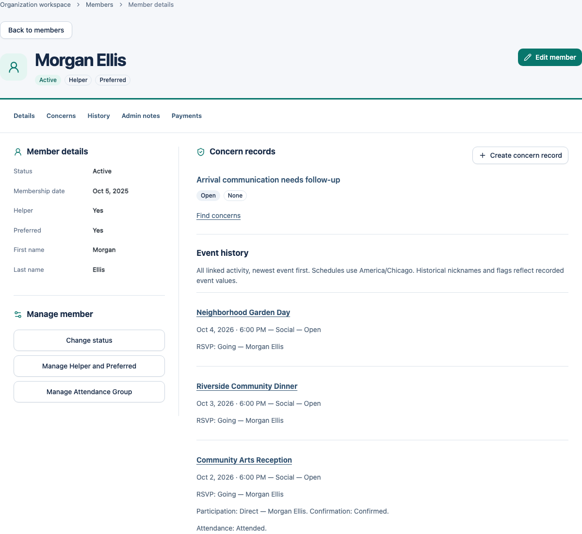 Synthetic Morgan Ellis member record showing current standing, concerns and linked event history.