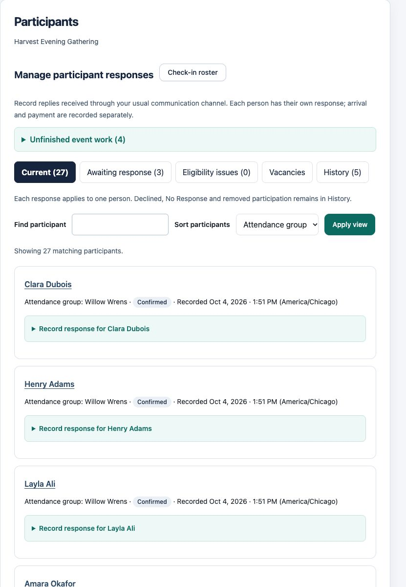 Participant workspace with named attendance groups, focused response views and individual response actions.