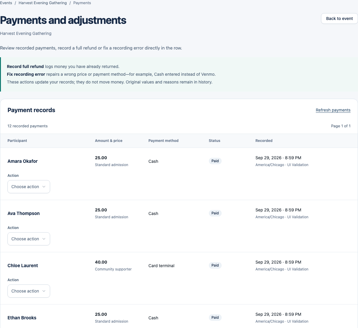 Payment table with one paid Cash record and an action selector for refund or recording-error correction.