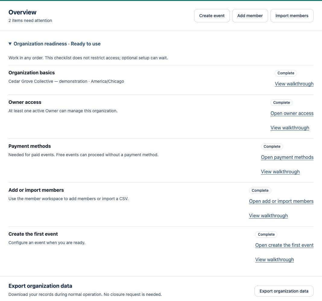 Expanded organization readiness checklist showing organization basics, Owner access, payment methods, members and events.