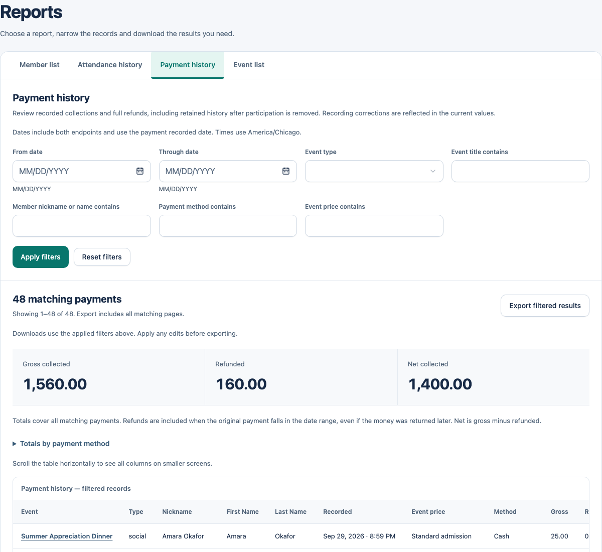 Payment history report with filters, Export filtered results, totals and one matching record.