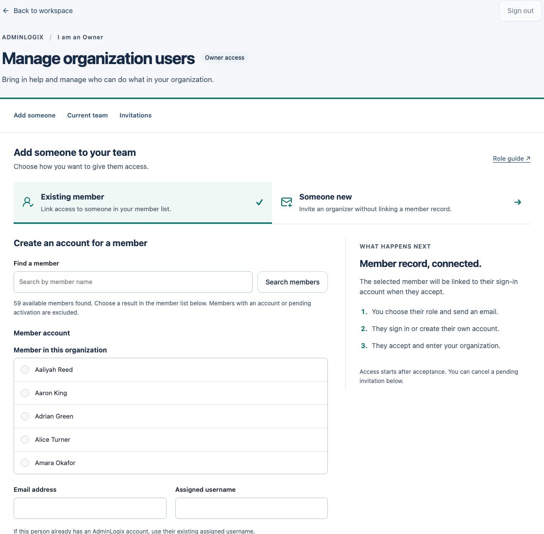 Team access section showing synthetic Admin, Moderator and Owner accounts with role and access controls.