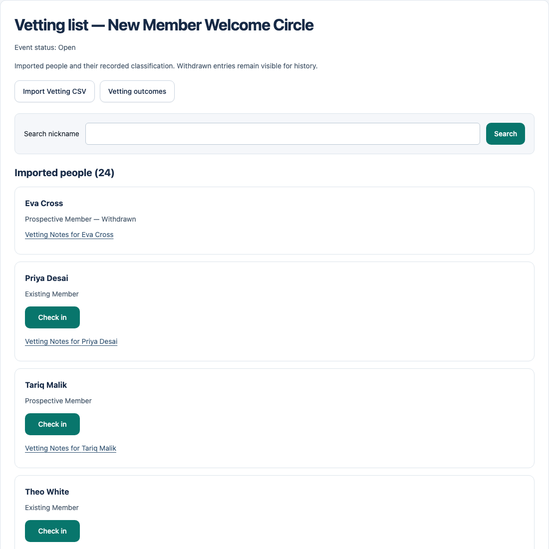 Open Vetting list with a prospective member, check-in and notes links, import, outcomes and Back to event.